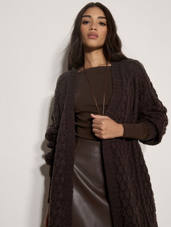 Chunky Cable Knit Longline Cardigan, Brown, large