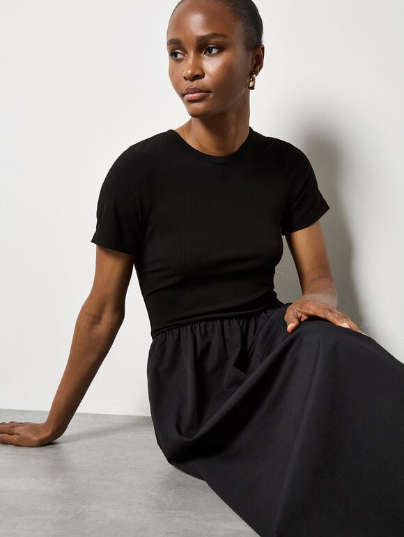 Ribbed Top Midi Dress, Black, large