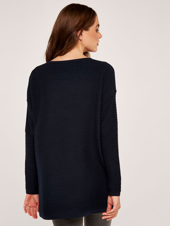 Asymmetric Zip Side Rib Knit Jumper, Navy, large