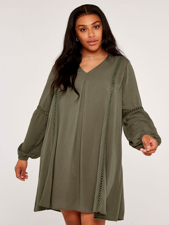 Curve Lace Detail Boho Swing Dress, Khaki, large