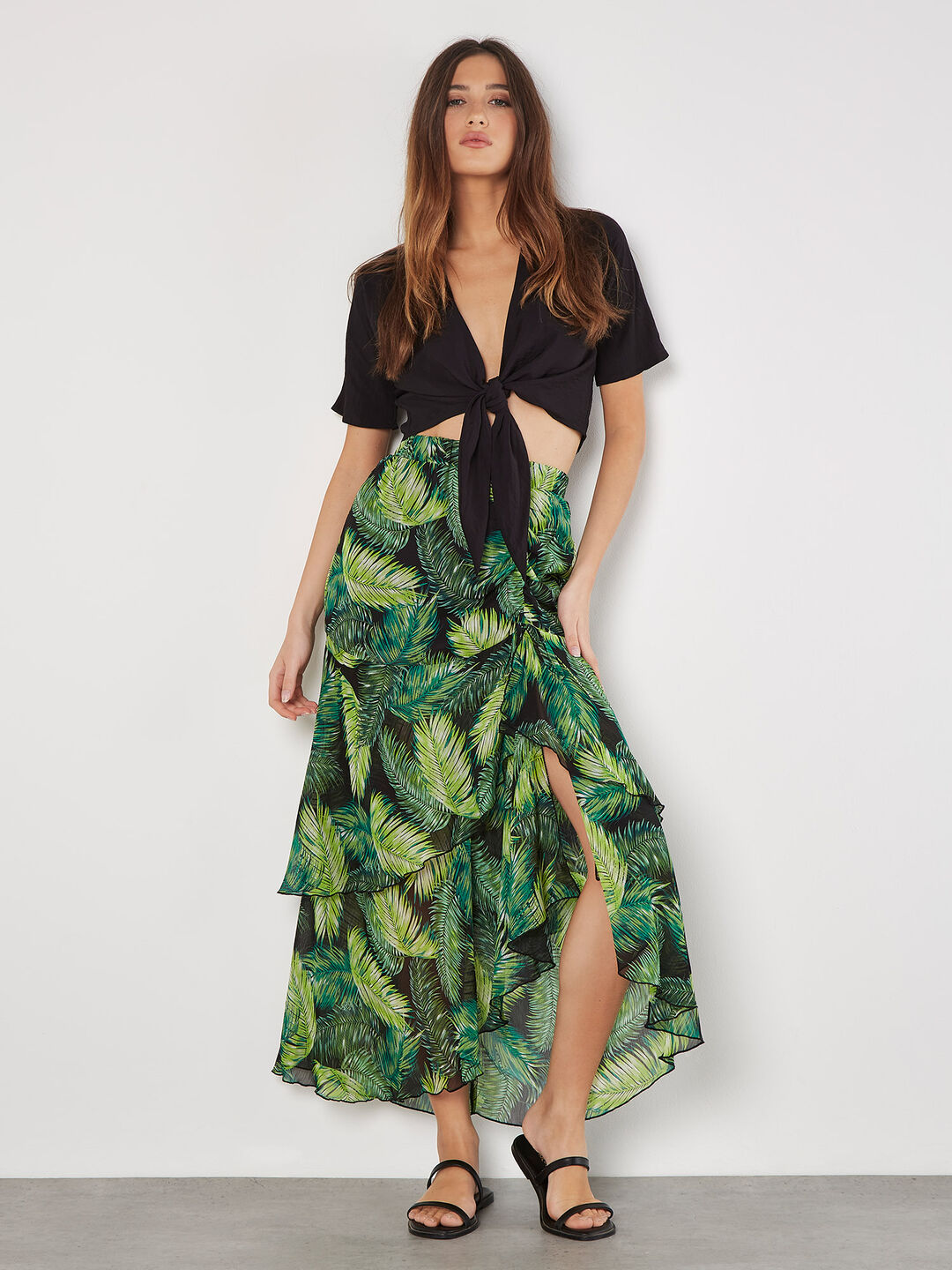 Image of Tropical Leaf Chiffon Tiered Maxi Skirt
