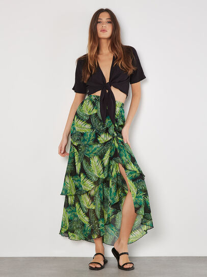 Tropical Leaf Chiffon Tiered Maxi Skirt