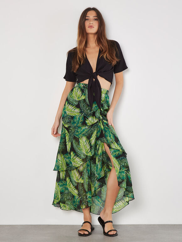 Tropical Leaf Chiffon Tiered Maxi Skirt, Green, large