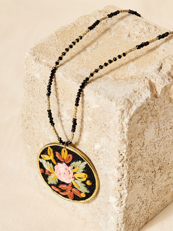 Hand Embroidered Rose Necklace & Earrings, , large