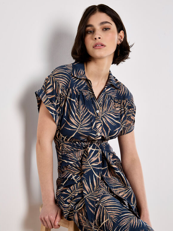 Palm Leaf Shirt Midi Dress, Navy, large