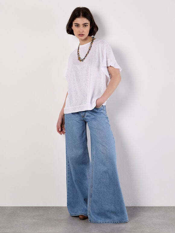 Ruffle Sleeve T-Shirt, White, large