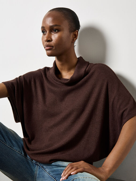Roll Neck Ribbed Cape, Brown, large