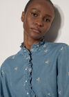 Ditsy Floral Embroidered Denim Blouse, Blue, large