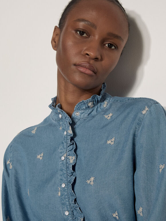 Ditsy Floral Embroidered Denim Blouse, Blue, large