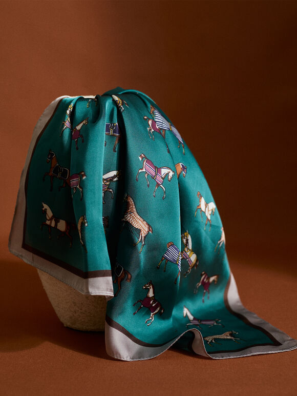 Printed Satin Scarf, Green, large