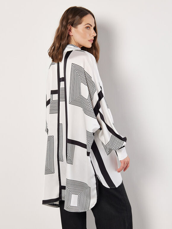 Graphic Squares Oversized Satin Shirt, Cream, large