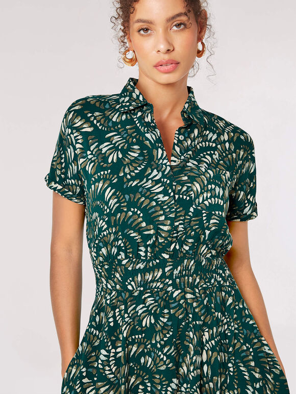 Graphic Leaf Shirt Midi Dress, Green, large
