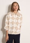 Argyle Zip Cardigan, Cream, large