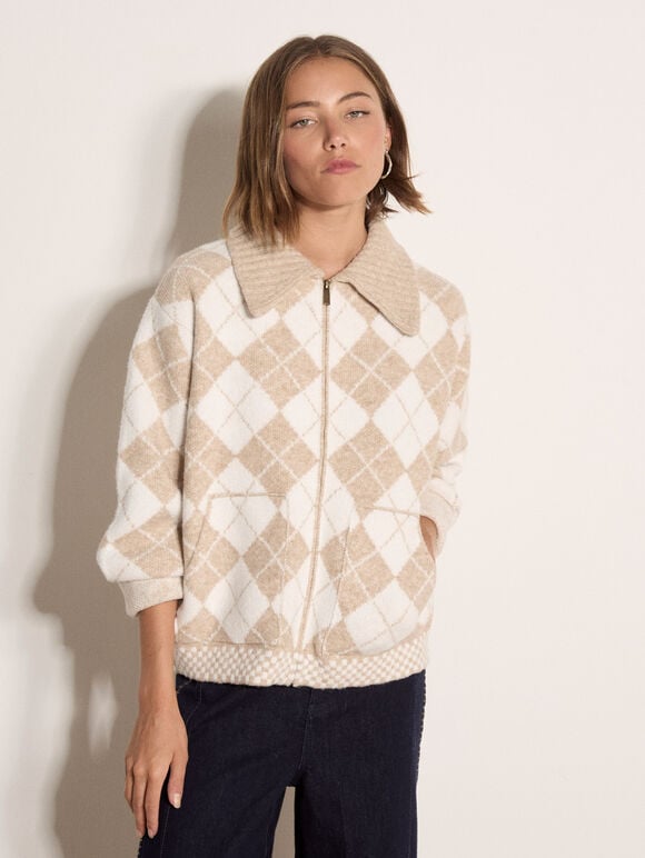 Argyle Zip Cardigan, Cream, large
