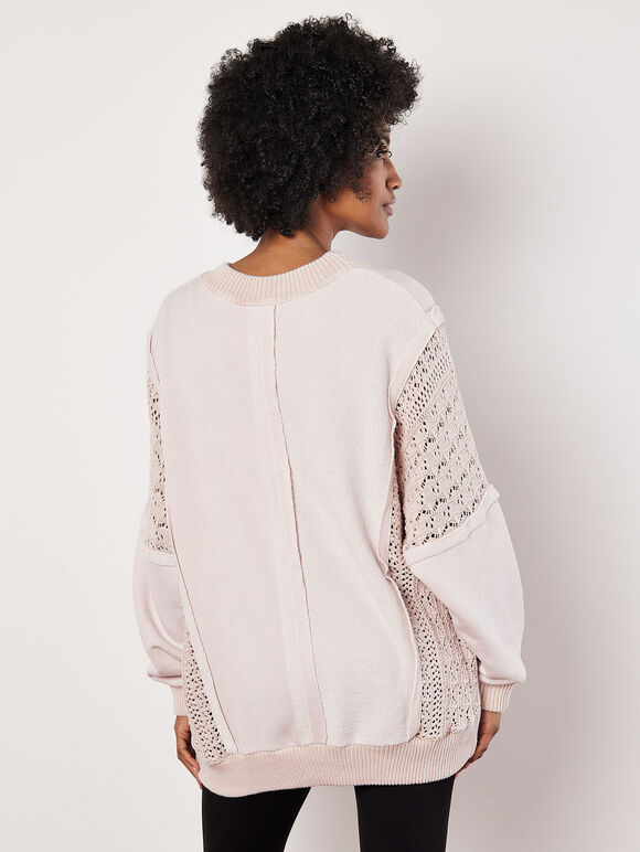 Lace Insert Cotton Jumper, Stone, large