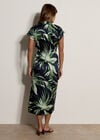 Tropical Leaf Satin Shirt Midi Dress, Navy, large