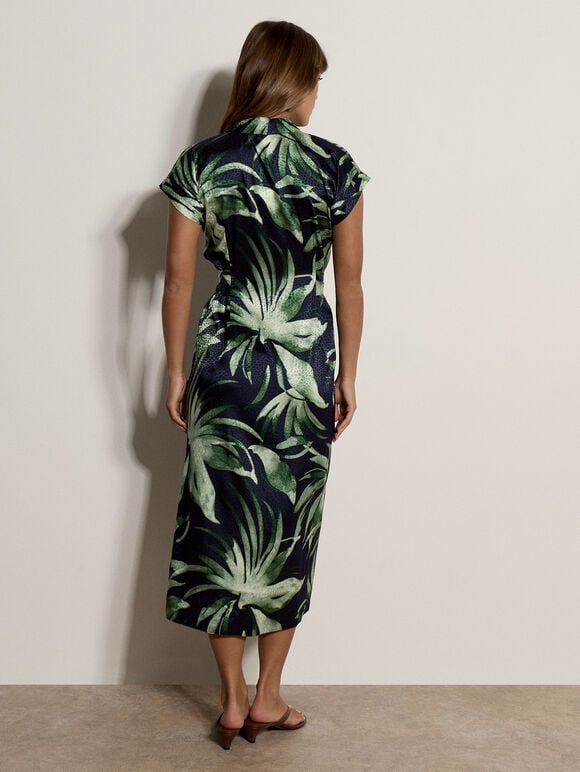 Tropical Leaf Satin Shirt Midi Dress, Navy, large