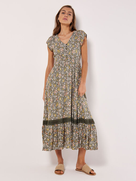 Ditsy Floral Maxi Dress, Khaki, large