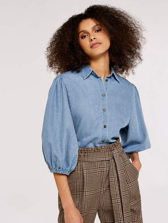 Denim Cropped Shirt, Blue, large