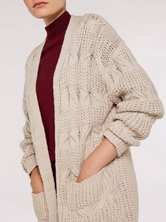 Chunky Cable Knit Cardigan, Stone, large