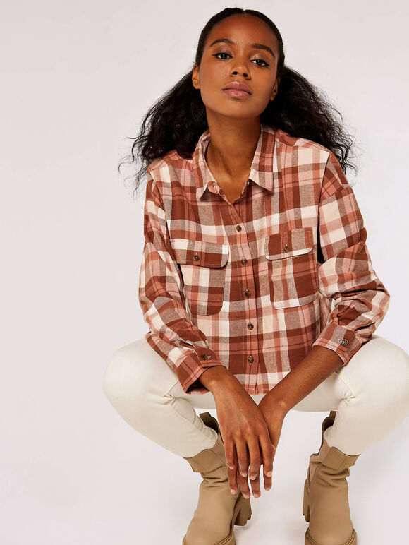 Crop Check Shirt, Brown, large