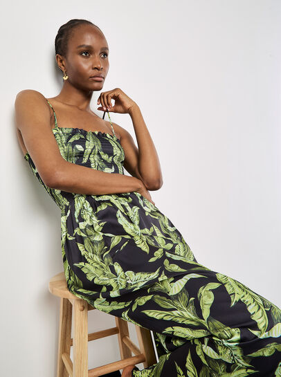 Tropical Leaf Satin Maxi Dress