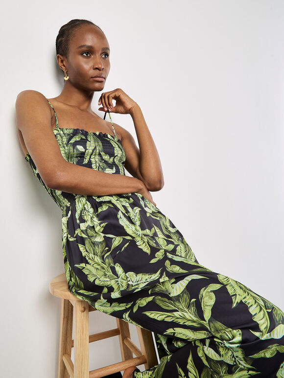 Tropical Leaf Satin Maxi Dress, Black, large