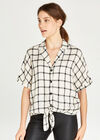 Grid Check Knot Front Button Top, Cream, large