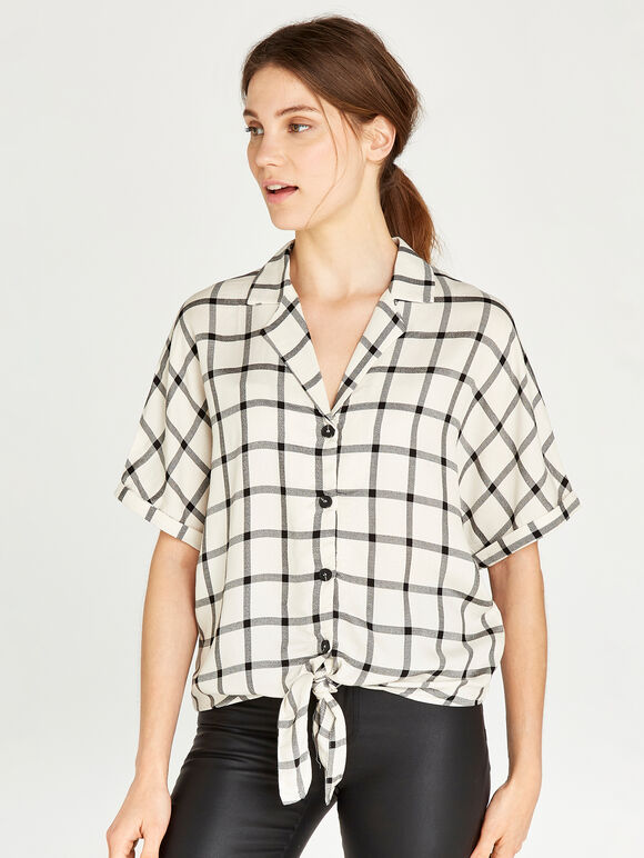 Grid Check Knot Front Button Top, Cream, large