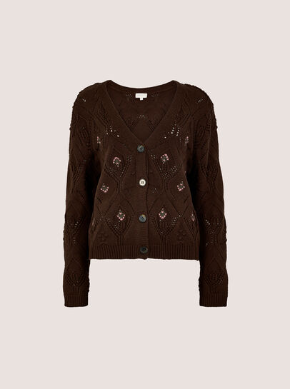 Pointelle Diamond Floral Cotton Blend Cardigan