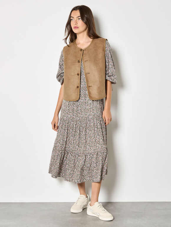 Reversible Borg Suede Gilet, Brown, large