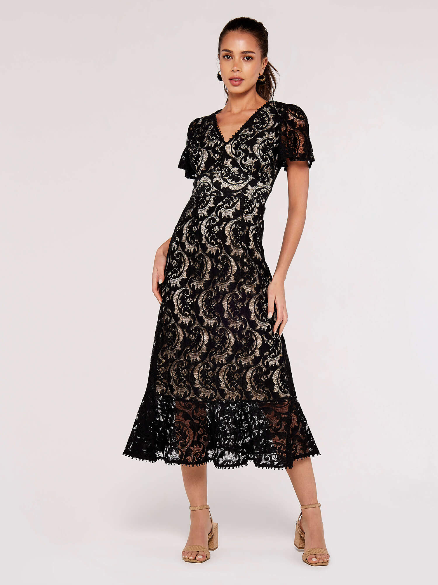 Lace Ruffle Midi Dress Apricot Clothing
