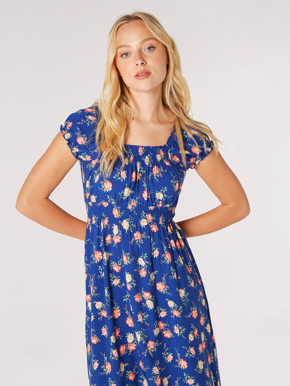 Vintage Rose Milkmaid Midi Dress, Blue, large