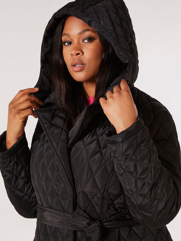 Curve Belted Quilted Parker Coat, Black, large