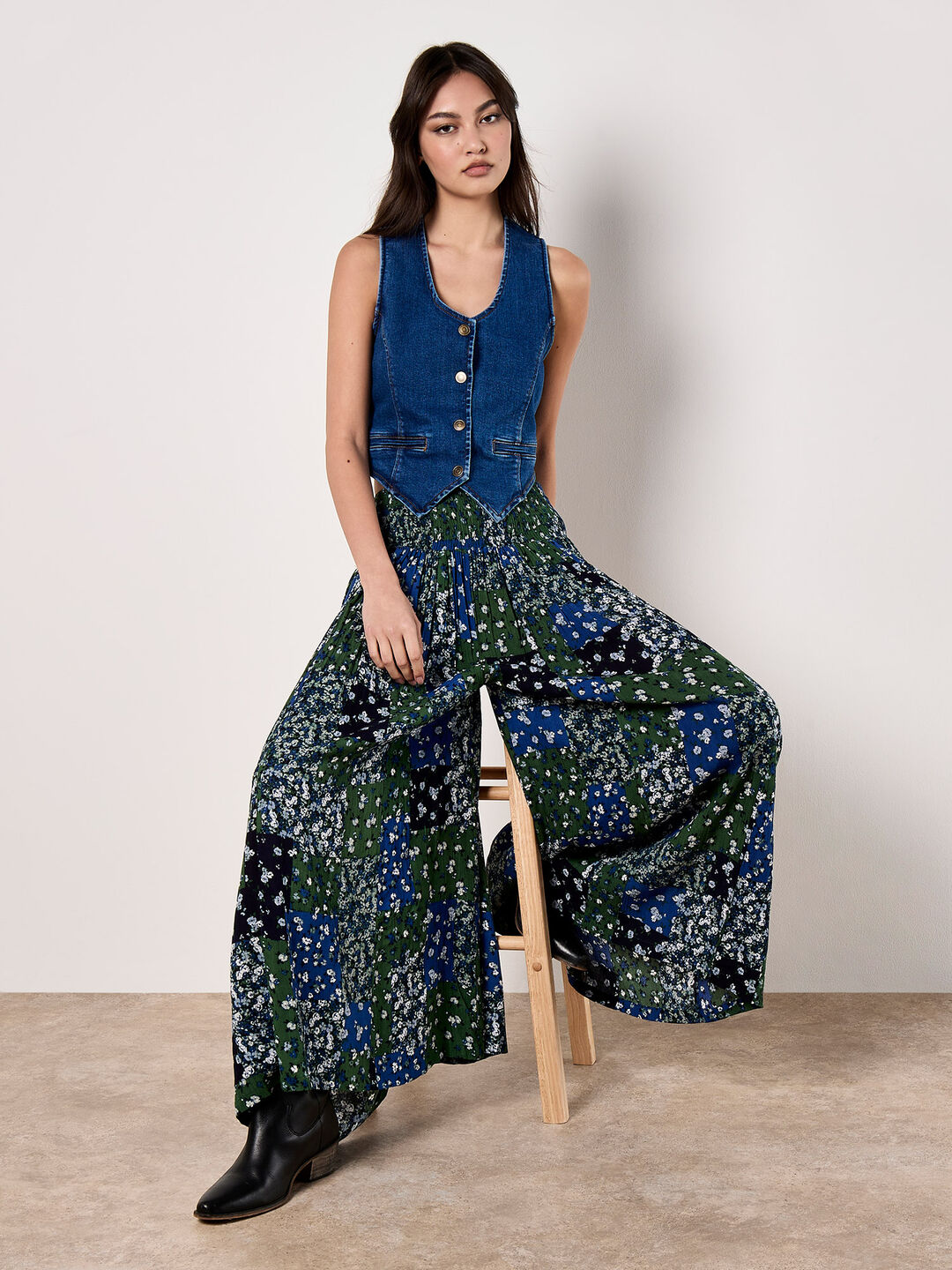 Floral Patchwork Crinkle Wide-Leg Trousers