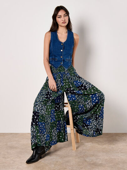 Floral Patchwork Crinkle Wide-Leg Trousers