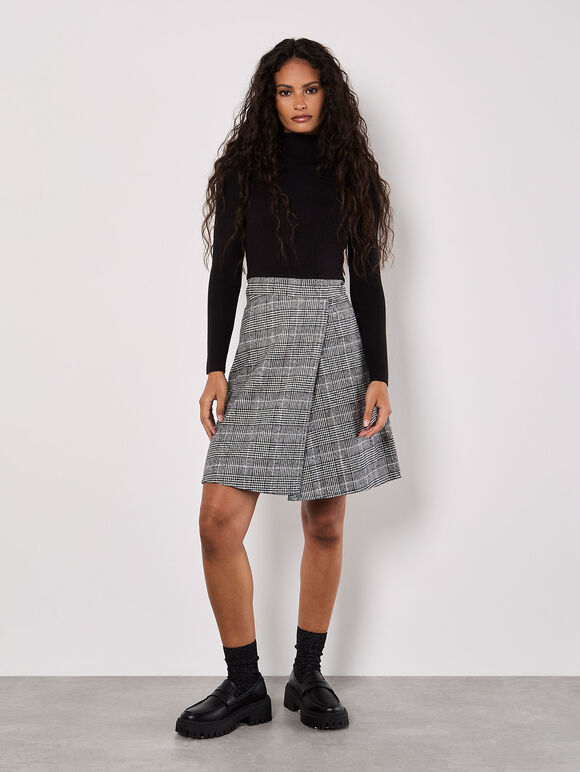 Ribbed Knit Check Skirt Mini Dress, Black, large