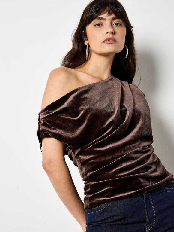Draped One-Shoulder Asymmetric Velvet Top, Brown, large