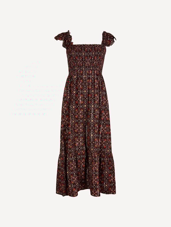 Folk Floral Metallic Midi Dress, Black, large