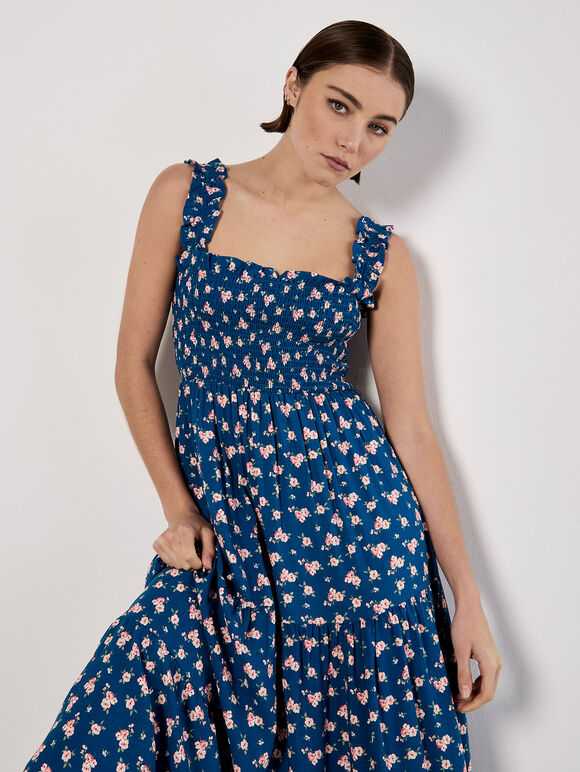 Ditsy Floral Smocked Midi Dress, Blue, large