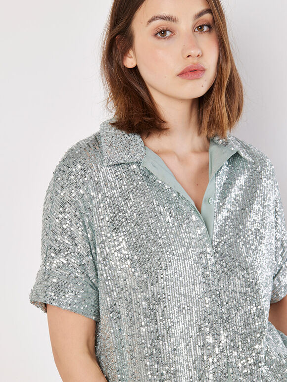 Sequin Embellished Relaxed Shirt, Mint, large