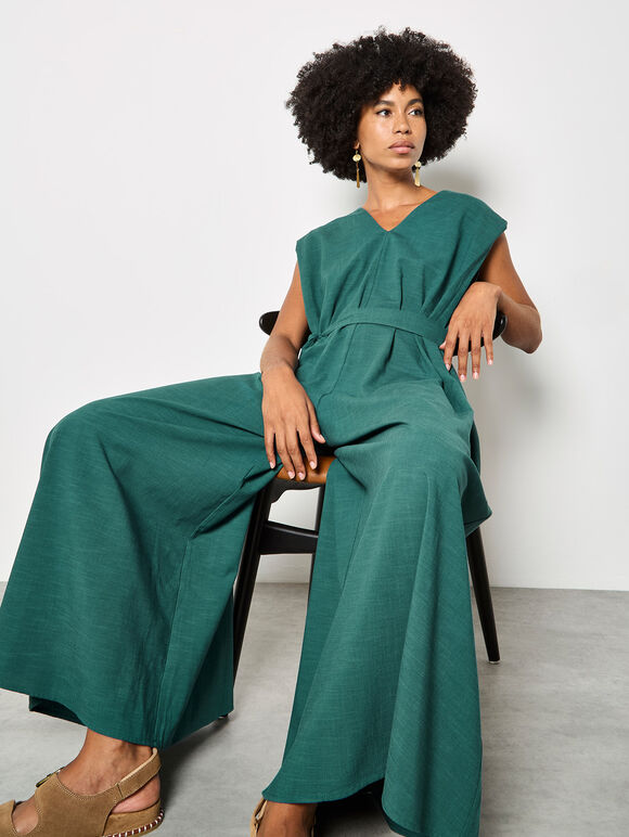 Cotton Blend Wide-Leg Jumpsuit, Green, large