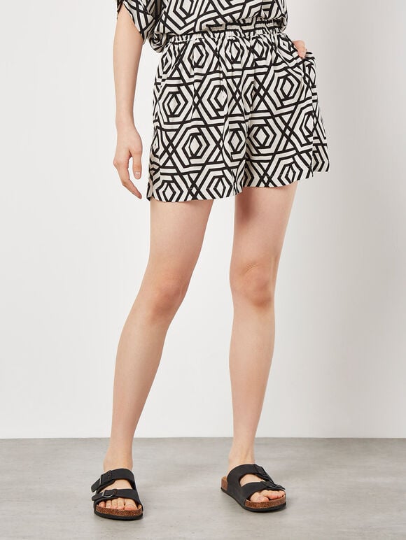 Geo Print Woven Shorts, Black, large