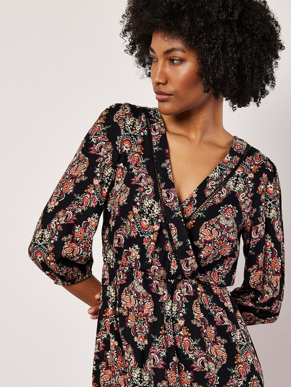 Ornate Paisley Wrap Midi Dress, Black, large