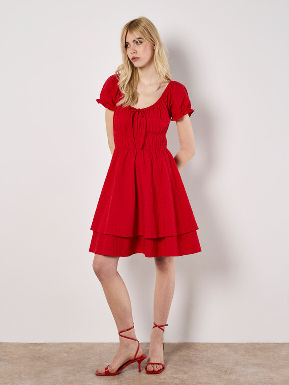 Eyelet Embroidery Tiered Mini Dress, Red, large