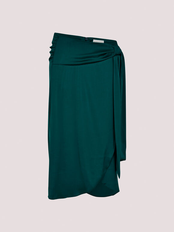 Satin Tie Front Wrap Skirt, Green, large