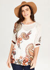 Paisley Placement 3/4 Sleeve Top, Orange, large