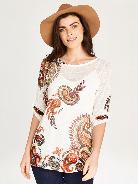 Paisley Placement 3/4 Sleeve Top, Orange, large