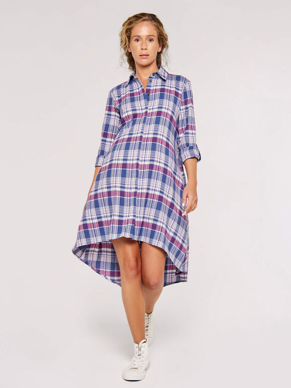 Plaid Shirt Dress, Blue, large