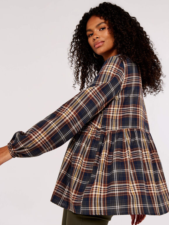 Check Peplum Hem Blouse, Rust, large